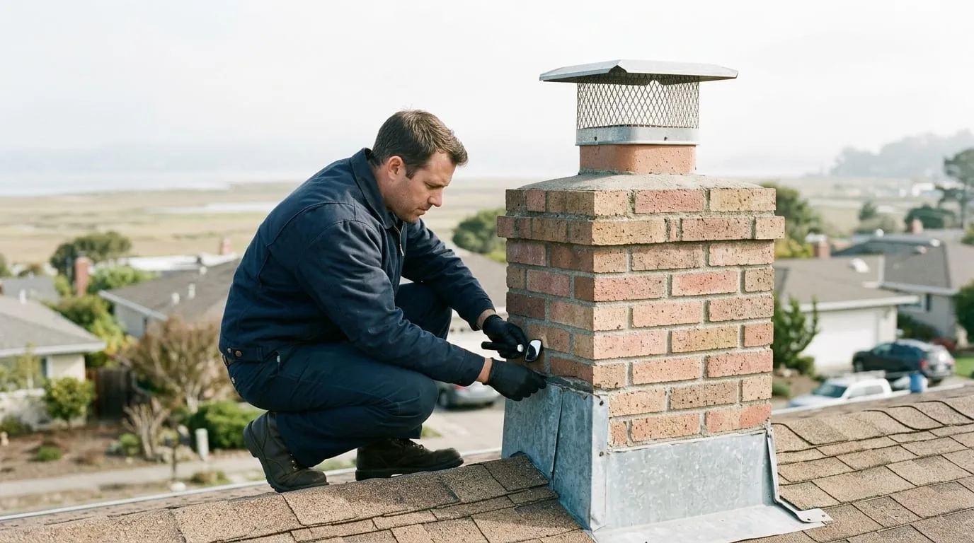 Inspecting a factory-built chimney chase cover on a postwar tract home in Corte Madera near the baylands
