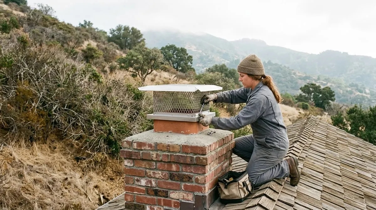Fitting a WUI-compliant spark-arrestor cap on a wood-shingle mountain home near Fairfax, Mount Tamalpais visible behind