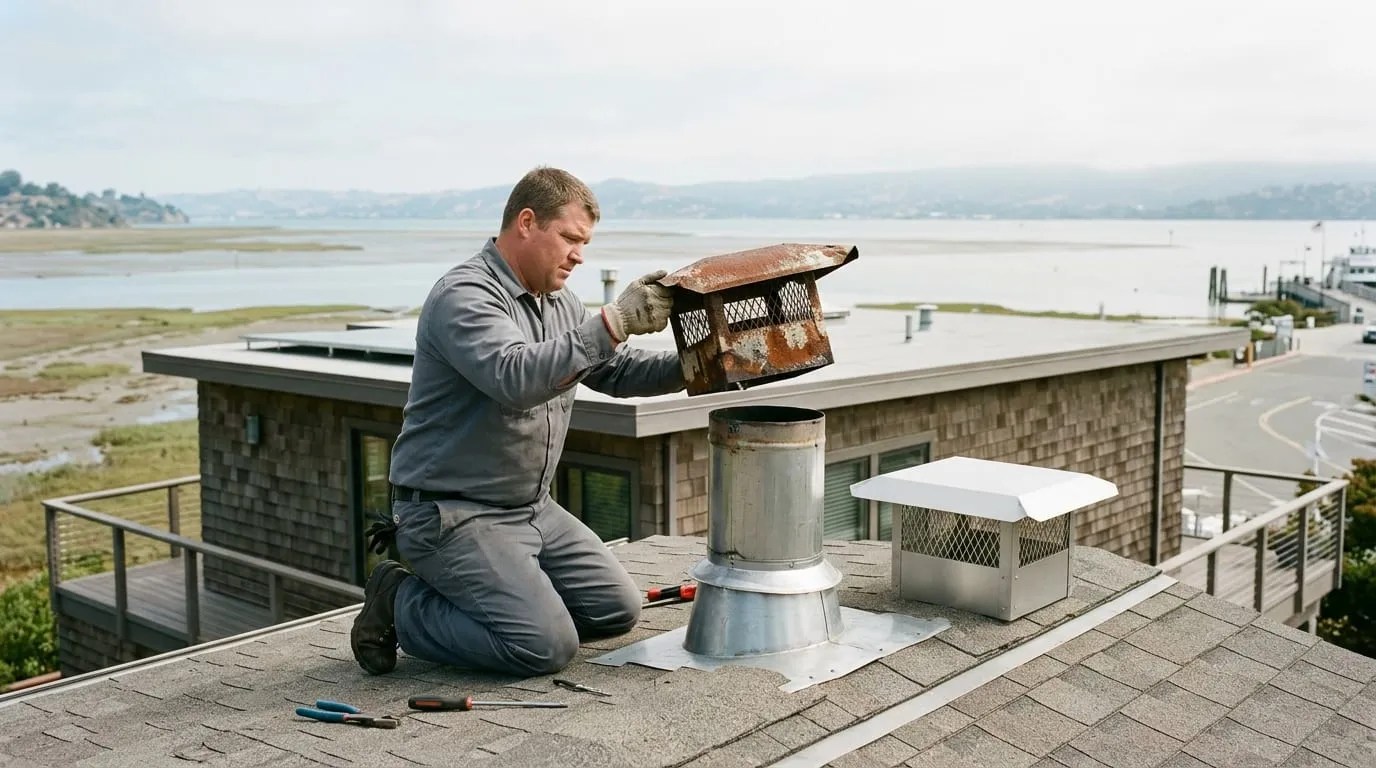 Replacing a corroded factory-built chimney cap on a bayland home near the Larkspur ferry terminal