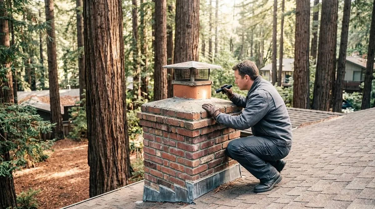 Inspecting a chimney crown on a Craftsman-era home in a shaded redwood canyon street in Mill Valley