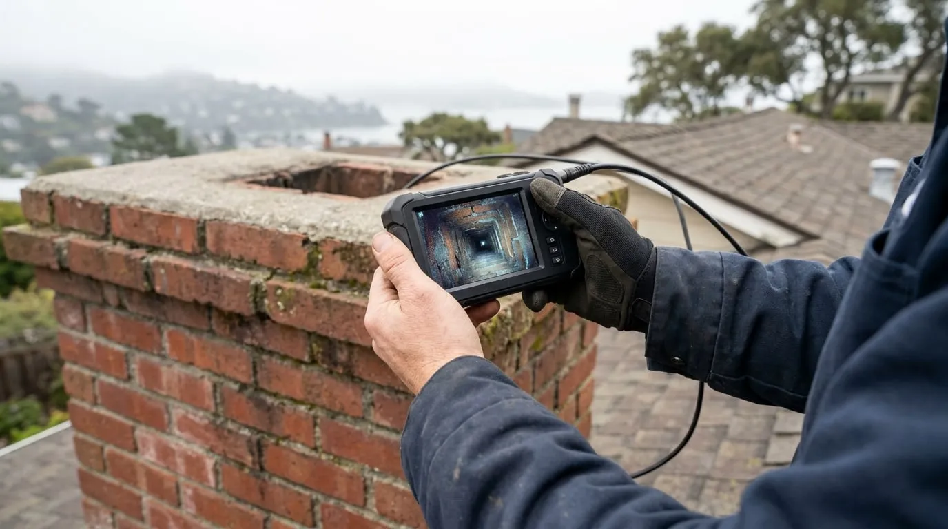 A technician viewing a live camera feed on a monitor while inspecting the inside of a chimney flue in a Marin County home