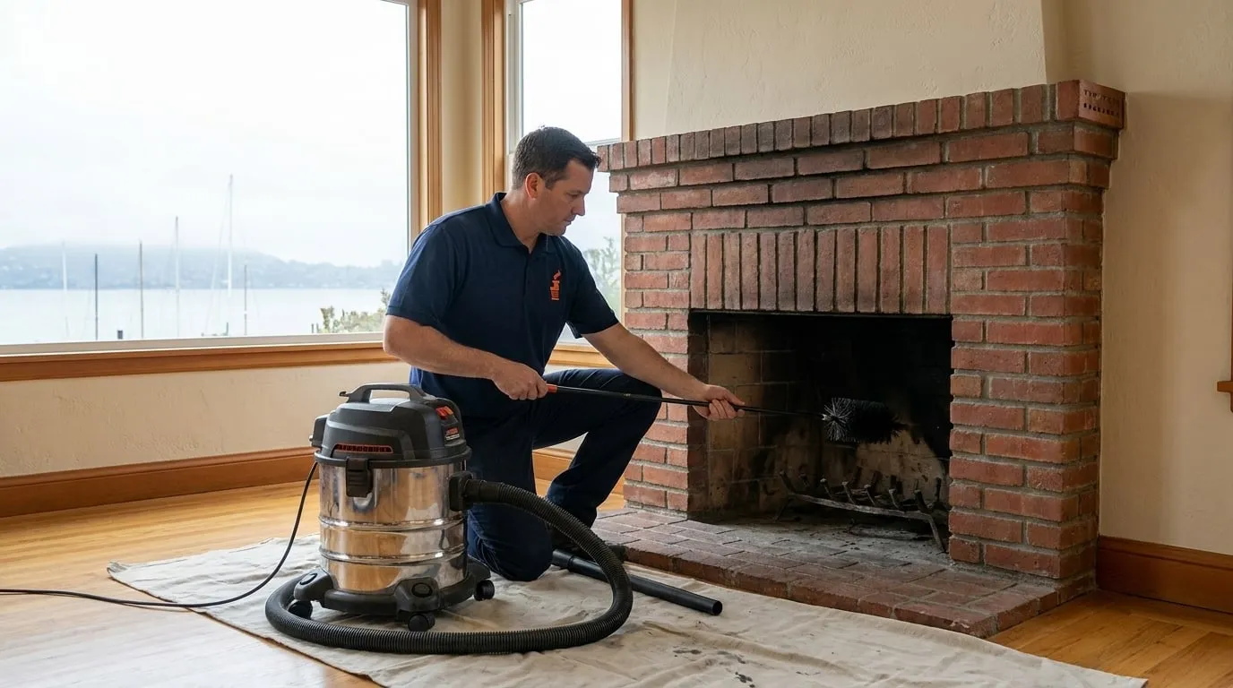 A technician kneeling at a brick firebox inside a Sausalito hillside home with the harbor visible through the window behind