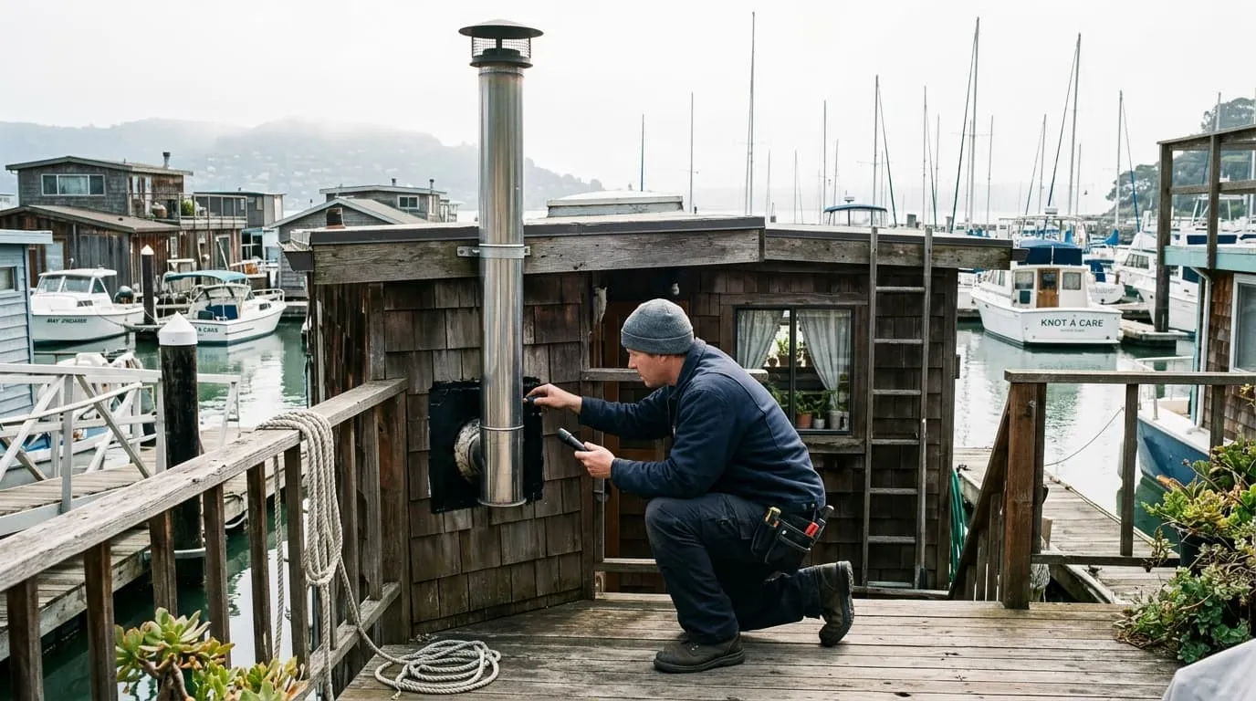 A technician inspecting a wood-stove flue connection on a floating home at Waldo Point Harbor in Sausalito