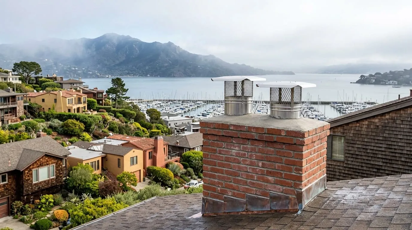 New chimney caps on a hillside Sausalito rooftop with the marine layer settling over the harbor and Mount Tamalpais visible behind