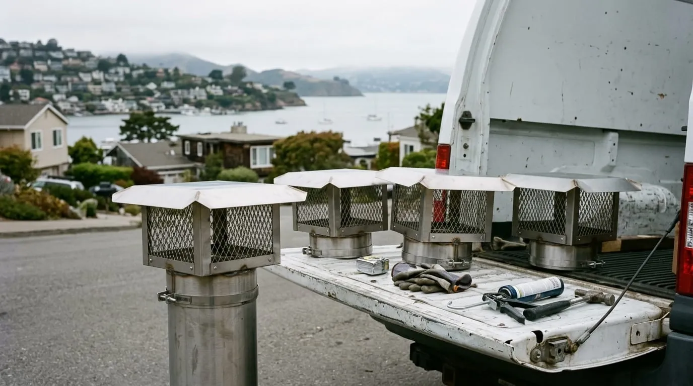 Several new stainless steel chimney caps with spark-arrestor mesh screens laid out on a work surface before installation in Sausalito