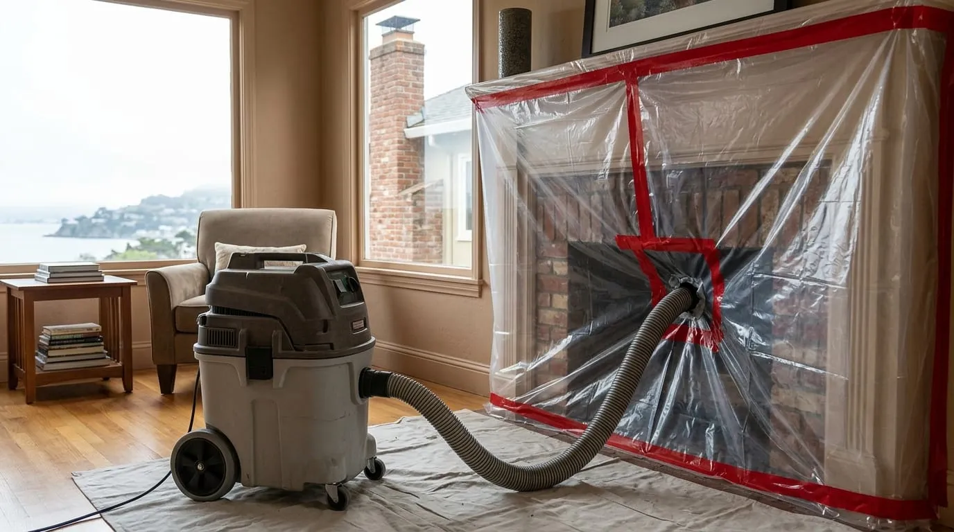 A HEPA extraction vacuum hose sealed into a firebox opening during a deep chimney cleaning in a Sausalito home
