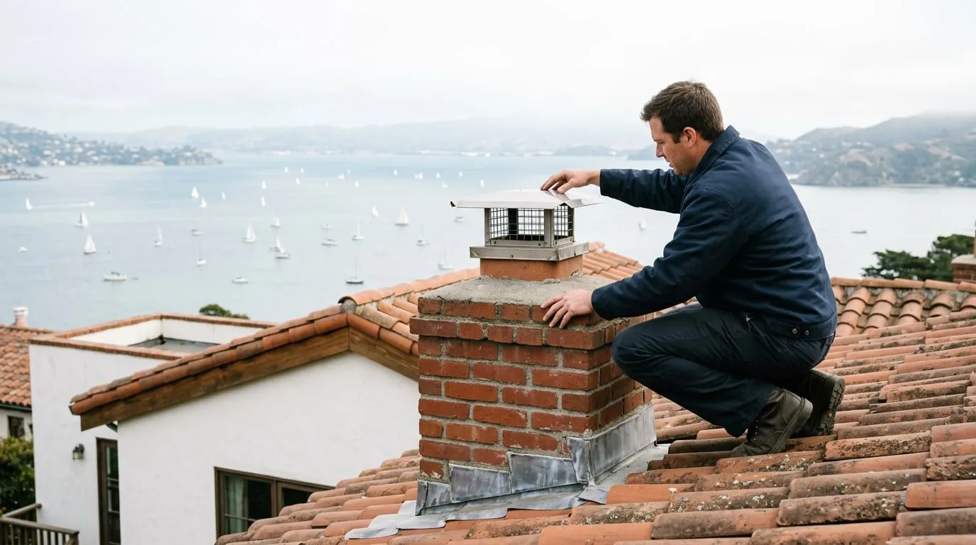 Inspecting a chimney cap on a hillside home on the Tiburon peninsula with the open bay visible behind